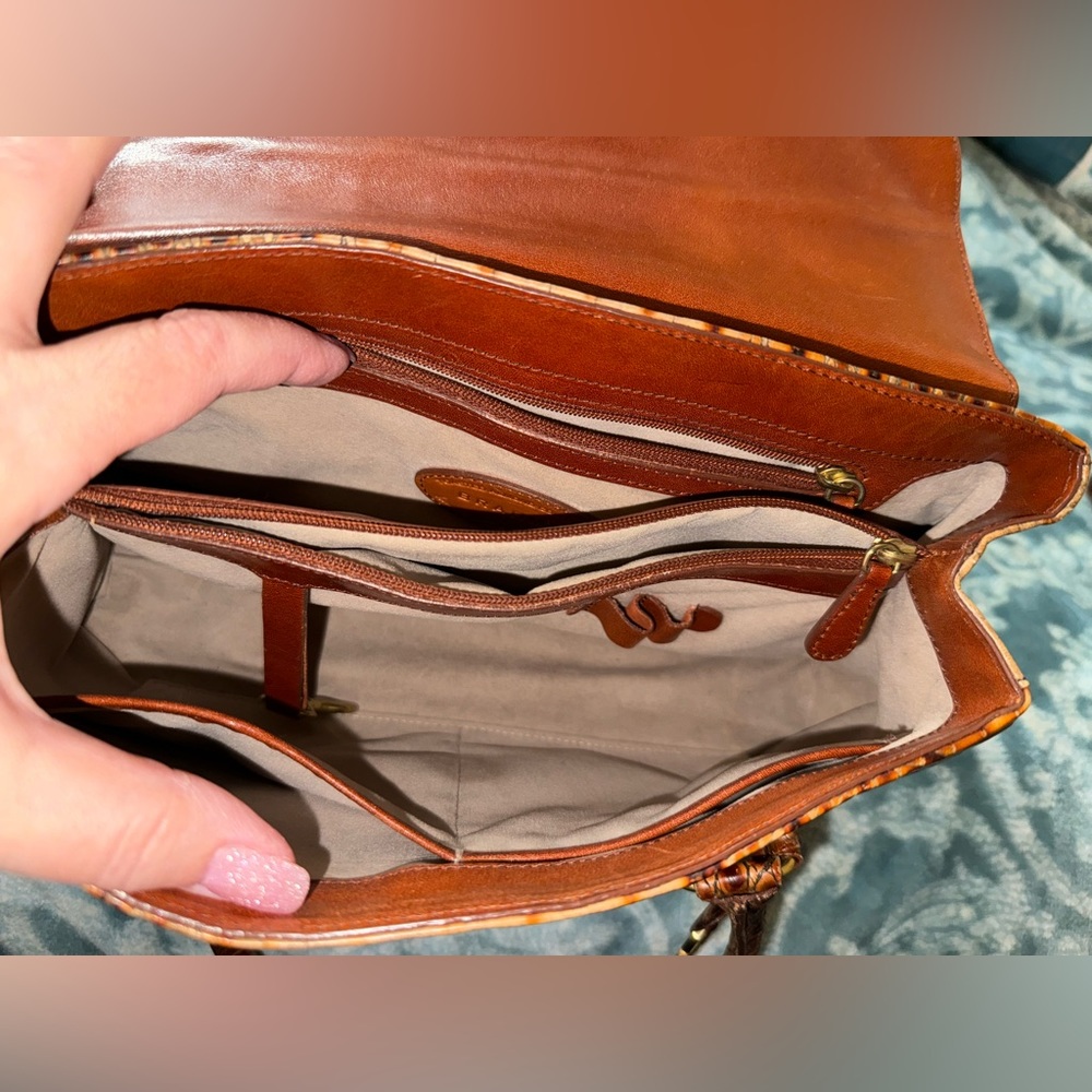 Croc-Embossed Leather Satchel Handbag in Cognac - Picture 10 of 11